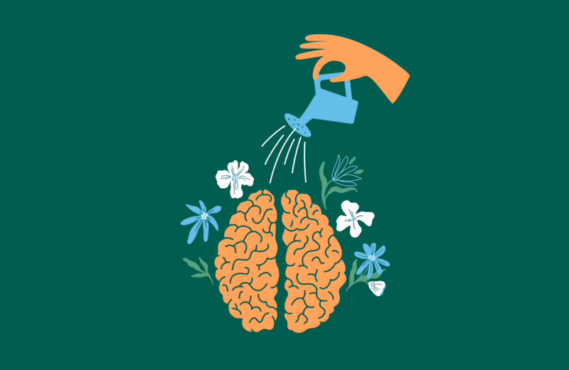 Illustration of a watering can pouring water onto a brain surrounded by flowers, symbolizing how self-care nurtures mental well-being, learning, and personal growth.