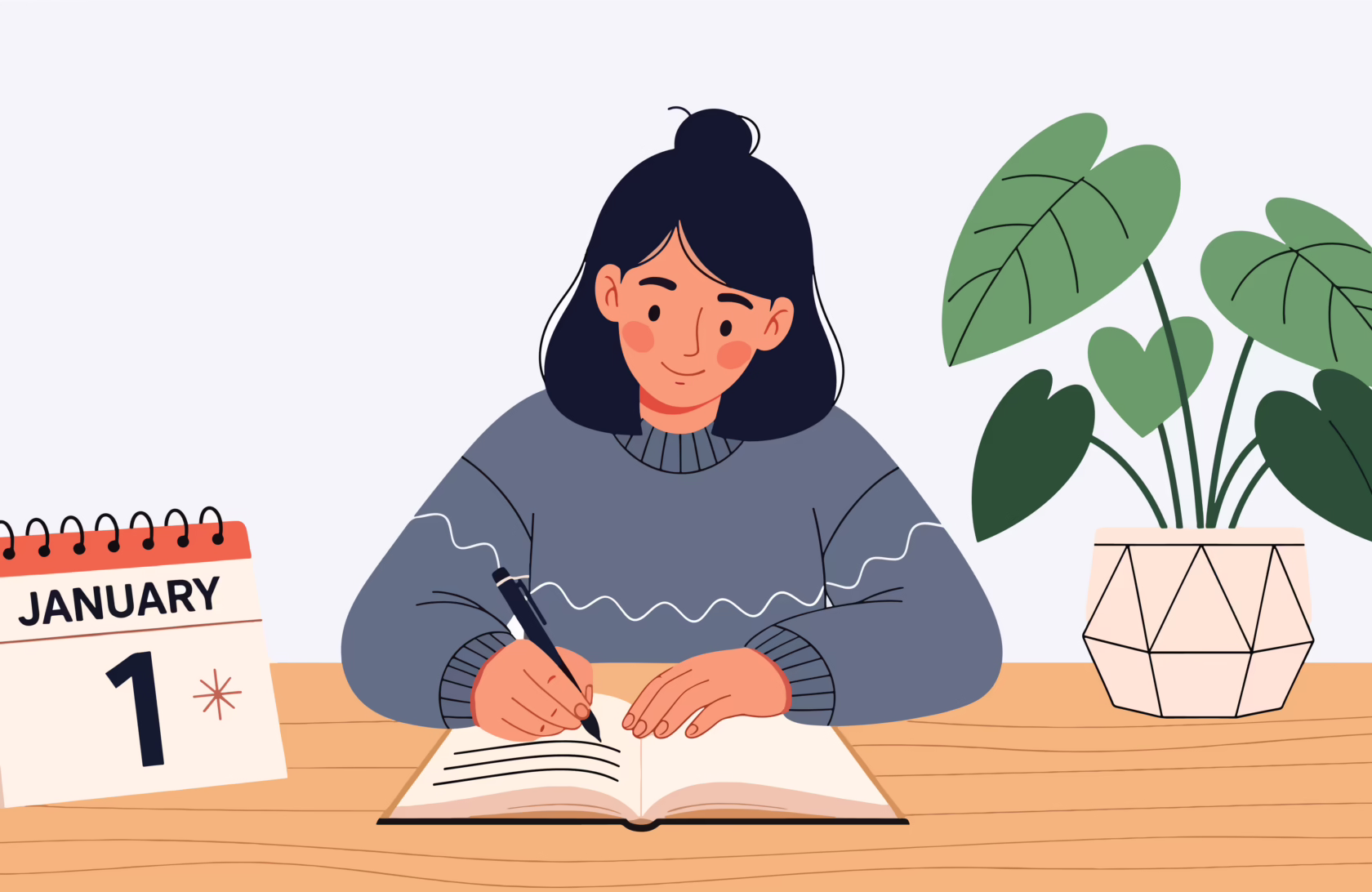 Modern flat vector illustration of New Year resolutions concept with person writing goals at desk, clean interior scene, ideal for motivation content