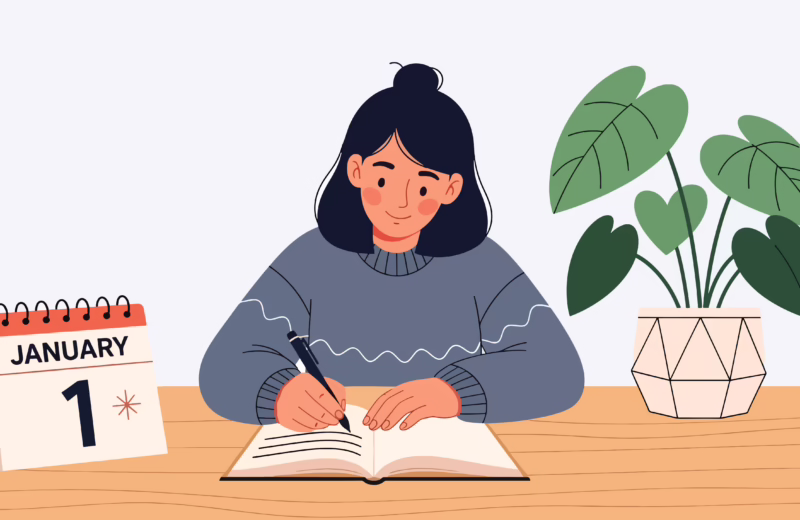 Modern flat vector illustration of New Year resolutions concept with person writing goals at desk, clean interior scene, ideal for motivation content