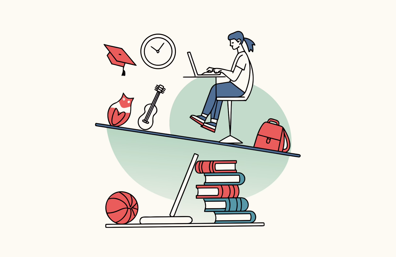 Time management illustration showing student studying on laptop while balancing school activities like sports, music, and reading