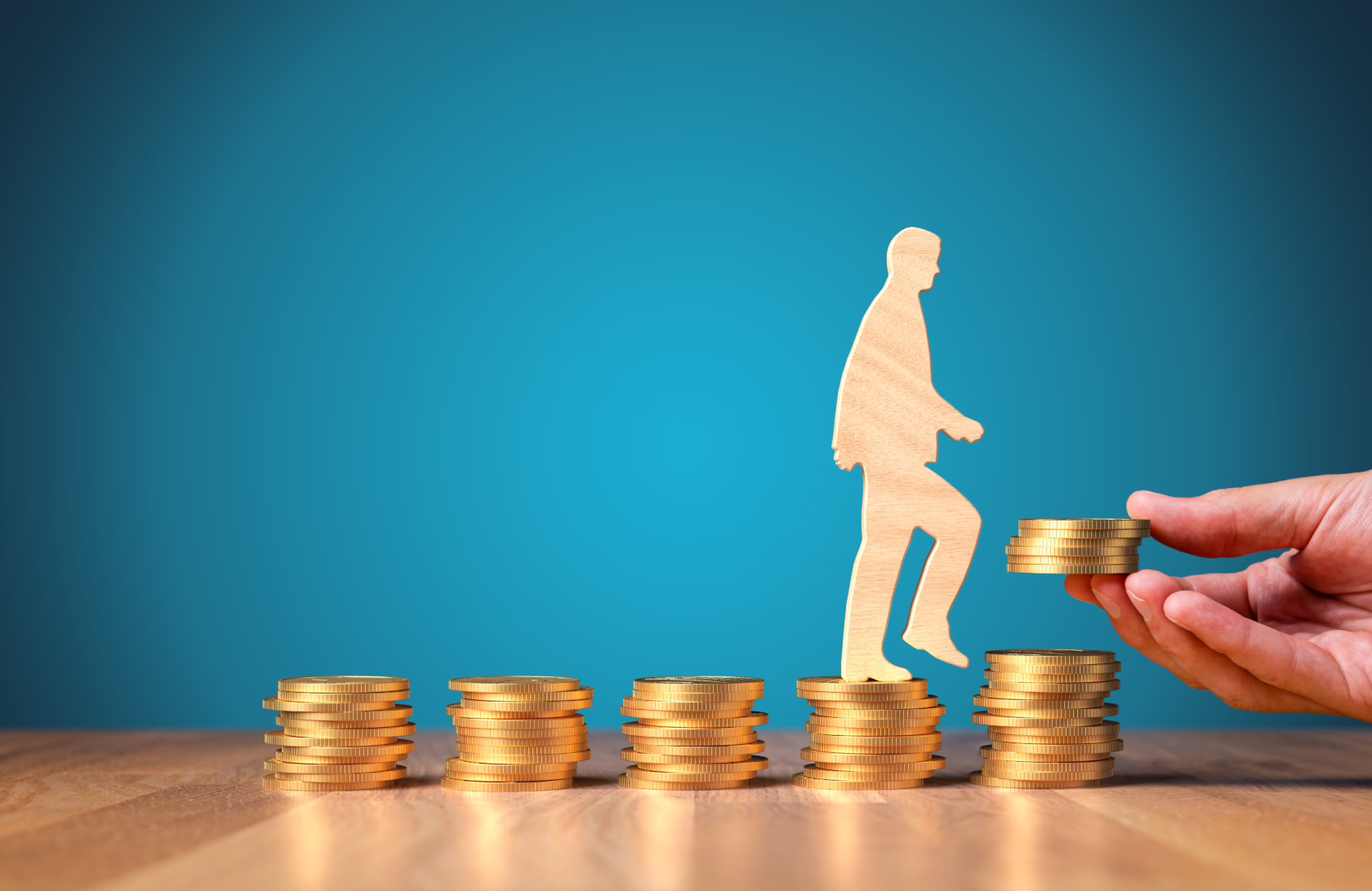 erage salary growth by education level illustrated with person climbing coin stacks