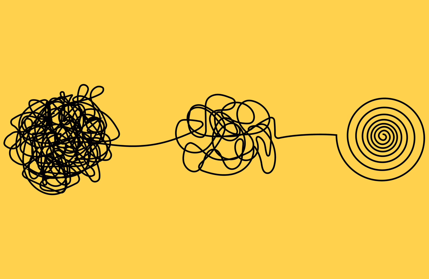 Illustration of a tangled scribble gradually transforming into a neat spiral, symbolizing clearing mental clutter and improving focus.