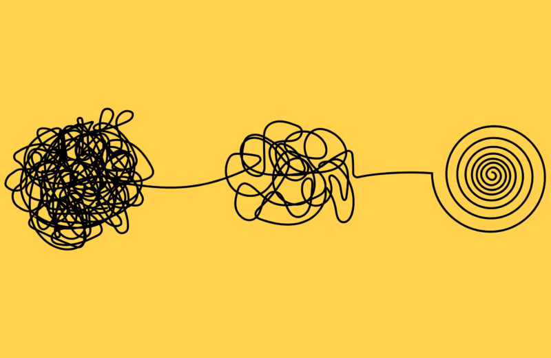 Illustration of a tangled scribble gradually transforming into a neat spiral, symbolizing clearing mental clutter and improving focus.